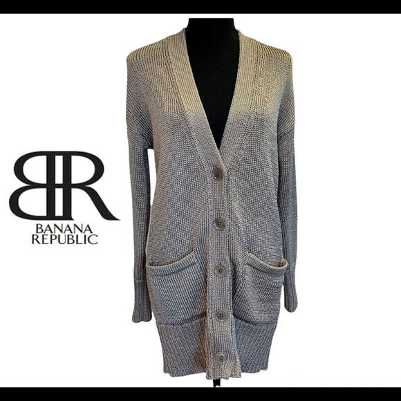 BANANA republic Taupe button front metallic platinum coloured cardigan sweater S - Picture 11 of 11
